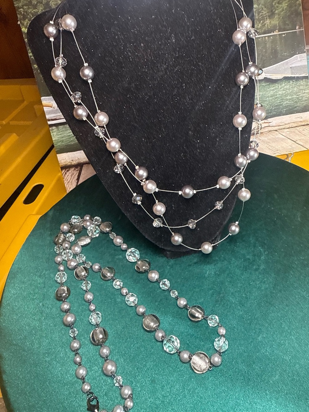 Silver Tones Pearl & Crystal Layered Necklace Set